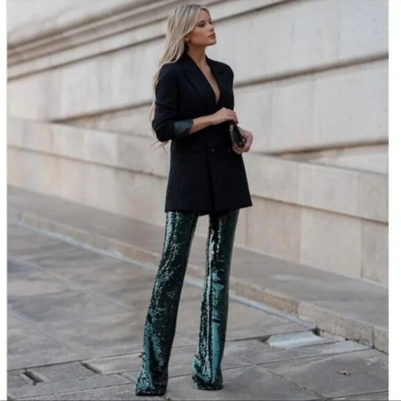 ZARA NWT BLOGGER FAVE Emerald Green Sequin Flare Leg Pants Holiday Pants. M - Picture 1 of 5
